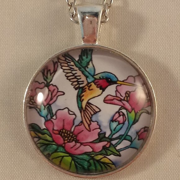 Kristy's Jewels Jewelry - Silver Hummingbird Flower Illuminated Abstract Art Cabochon Pendant Necklace 20"